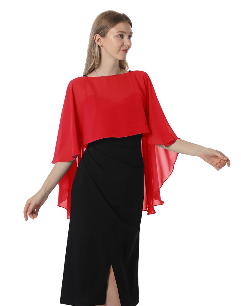 Hotshawl Capelets for women Chiffon Cape Shawls and Wraps for Evening Dress Wedding Capes Cover Up (Red) - Image 2